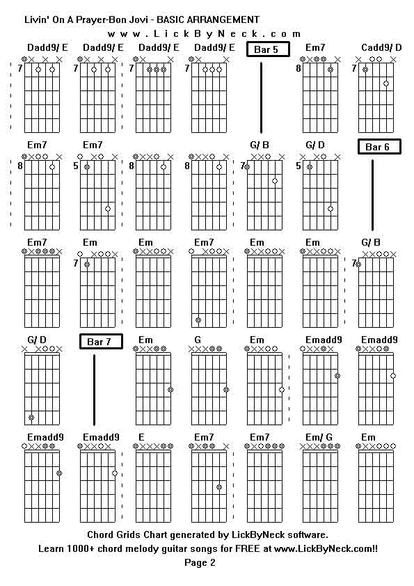 Chord Grids Chart of chord melody fingerstyle guitar song-Livin' On A Prayer-Bon Jovi - BASIC ARRANGEMENT,generated by LickByNeck software.